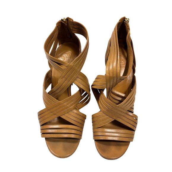 Tory Burch Tan Leather Strappy Heels Sandals with Back Zip Size 10M - Picture 2 of 8